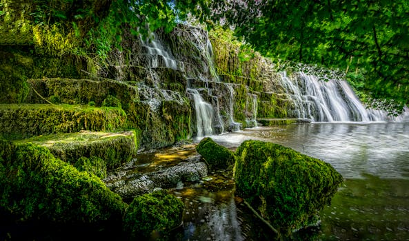 A serene view of a waterfall cascading over moss-covered rocks in a forest setting.